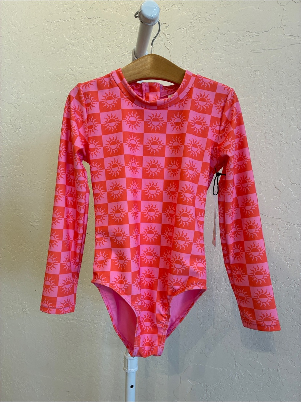 Girls' Long Sleeve Pink Sun-Print One-Piece Swimsuit